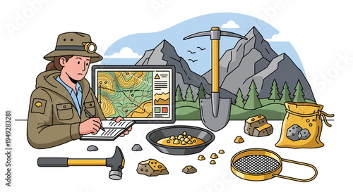 Geologist studying map and equipment for gold prospecting.