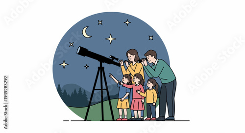 Family Using a Telescope.