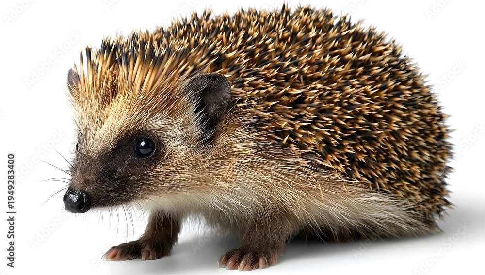 Obraz premium A close-up of a cute hedgehog with detailed spines. It has dark, beady eyes and a small, wet nose. The hedgehog’s fur is a mix of brown and beige, set against a clean white background. Focus is sharp,
