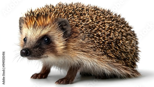 A close-up of a cute hedgehog with detailed spines. It has dark, beady eyes and a small, wet nose. The hedgehog’s fur is a mix of brown and beige, set against a clean white background. Focus is sharp,