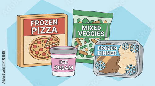 Assortment of various frozen food items and convenience meals illustration