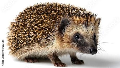A close-up of a cute hedgehog with detailed spines. It has dark, beady eyes and a small, wet nose. The hedgehog’s fur is a mix of brown and beige, set against a clean white background. Focus is sharp,