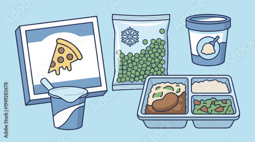 Assortment of various frozen and pre-packaged convenience food items