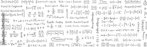 Handwritten mathematical equations and symbols on a white background. complex formulas and notations