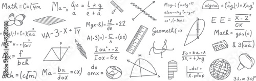Hand drawn mathematical equations and geometric shapes on a white background mathematics formula 1 geometry