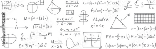 Hand drawn mathematical equations and geometric shapes on a white background mathematics formula 3 algebra