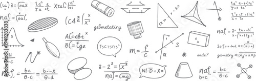 Hand drawn mathematical equations and geometric shapes scattered across a white background mathematics
