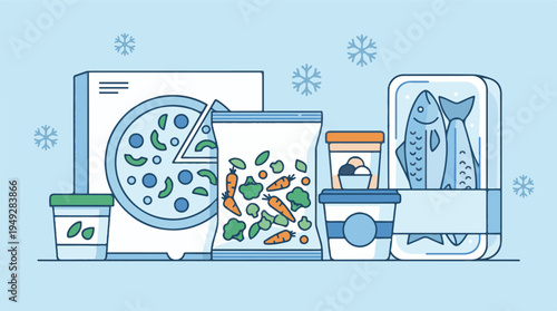 Assortment of frozen food products: pizza, vegetables, fish, and desserts