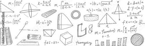 Hand drawn mathematical formulas and geometric shapes with equations and diagrams mathematics geometry