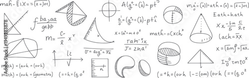 Hand drawn mathematical formulas and geometric shapes on a white background mathematics equation geometry