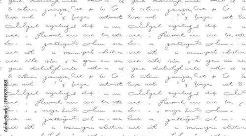 Seamless pattern of handwritten cursive text in gray ink on a white background handwriting script