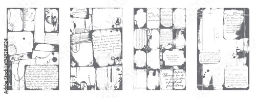 Vintage handwritten letters and documents with ink splatters and torn edges in a collage style paper