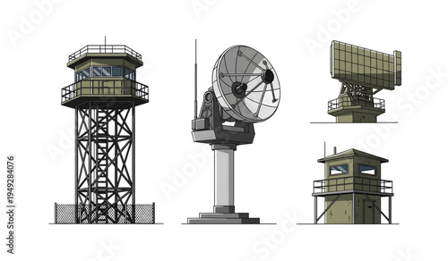 Collection of Radar antenna communication tower systems.