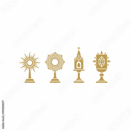 Gold Catholic Monstrance and Reliquary Vector Icons Set