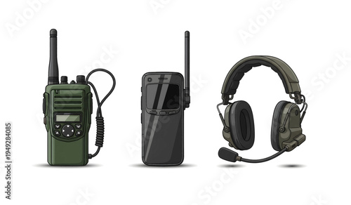 Collection of Black tactical headset and radios.