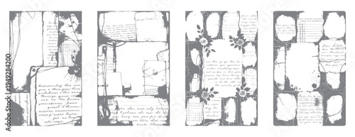 Four vertical grunge collage with handwritten text and floral motifs in shades of gray and white handwriting