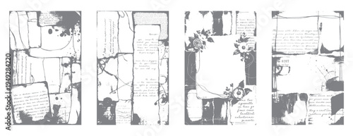 Four vertical grunge banners with handwritten text and floral in shades of grey and white