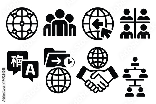 Global collaboration silhouette set with world map network, international team icons, video conference globe, cross border file sharing, multilingual chat bubbles, timezone clock badge, business commu