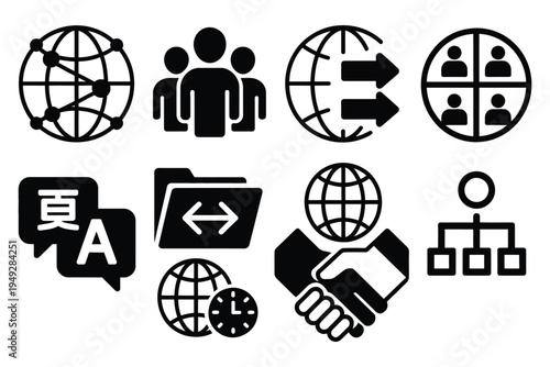 Global collaboration silhouette set with world map network, international team icons, video conference globe, cross border file sharing, multilingual chat bubbles, timezone clock badge, business commu