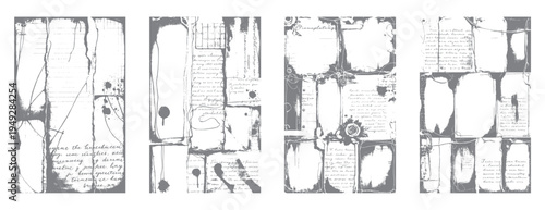 Four vertical grunge frames with distressed paper textures and handwritten script
