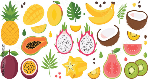 Tropical Fruit Vector Icon Set Featuring Pineapple, Mango, Banana, Coconut, Papaya, Dragon Fruit, Kiwi, Starfruit, Passion Fruit, and Other Exotic Fresh Fruits.