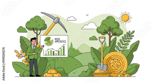 Man analyzing financial growth charts with gold and mining tools.