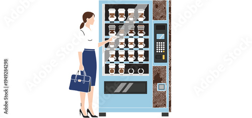 Businesswoman using coffee vending machine, selecting beverage cup, workplace refreshment, modern office scene, coffee dispenser, professional attire, daily routine.