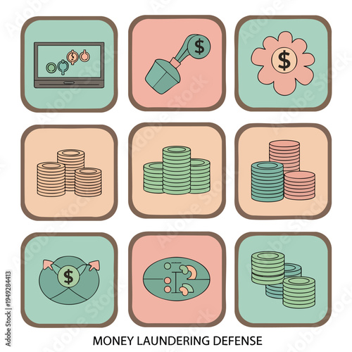 A collection of flat design icons representing money laundering defense, including coins, envelopes, and charts, set against a pastel background.