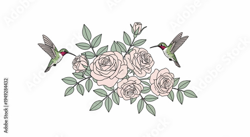 Hummingbirds and Pink Roses.