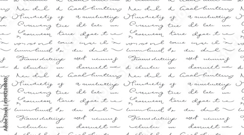 Seamless pattern of grey handwritten script on white background. Repeating cursive text with visible words and letters