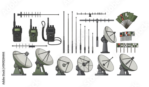 Collection of Satellite dishes and communication equipment tools.