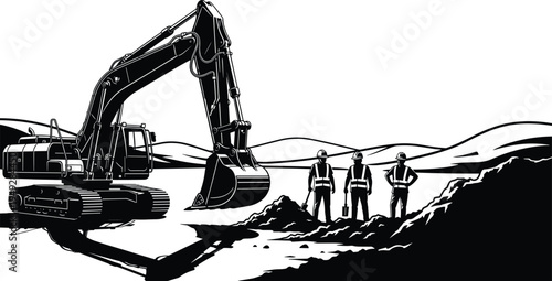 Construction site vector illustration, excavator with bucket attachment, workers wearing safety helmets, teamwork labor concept, reflective vests, rural terrain, land development