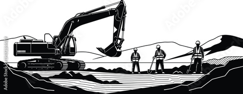 Construction site vector illustration, excavator with hydraulic arm, workers holding shovels, teamwork labor concept, safety helmets, rugged terrain, civil engineering, 