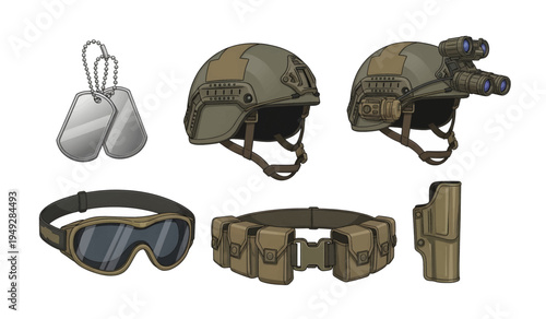 Collection of Military tactical gear equipment set.