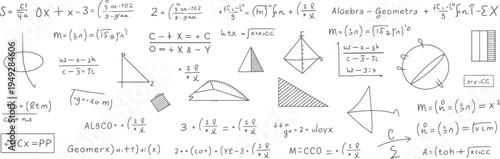 Hand drawn mathematical equations and geometric shapes on a white background mathematics formula geometry