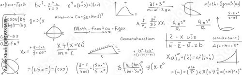 Handwritten math equations and geometric diagrams scattered across a white background with a sketchy feel