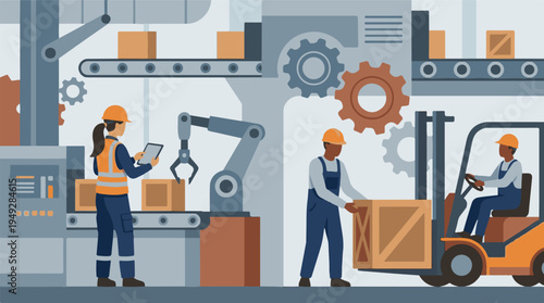 Modern Industrial Factory with Automation, Logistics, and Human Workers
