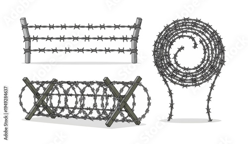 Collection of Barbed wire fence rolls and sections.