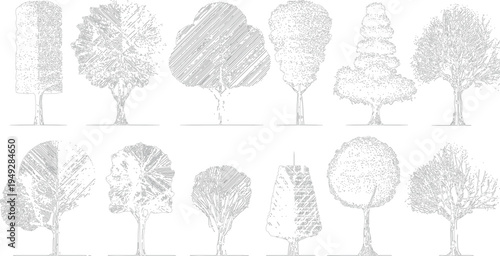 Collection of twelve distinct black and white line trees with varied foliage textures and shapes outline