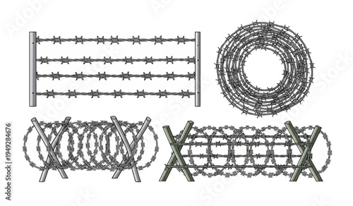 Collection of Barbed wire fence rolls and sections.