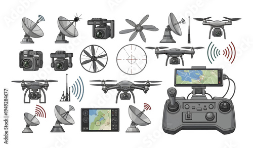 Collection of Drone and satellite technology equipment.
