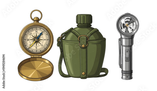 Collection of Vintage compass flashlight canteen outdoors.