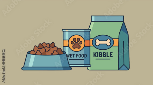 Assortment of dog food: dry kibble in a bowl, wet food can, and kibble bag