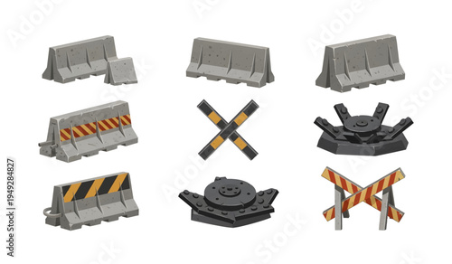 Collection of Road construction barriers and signs set.