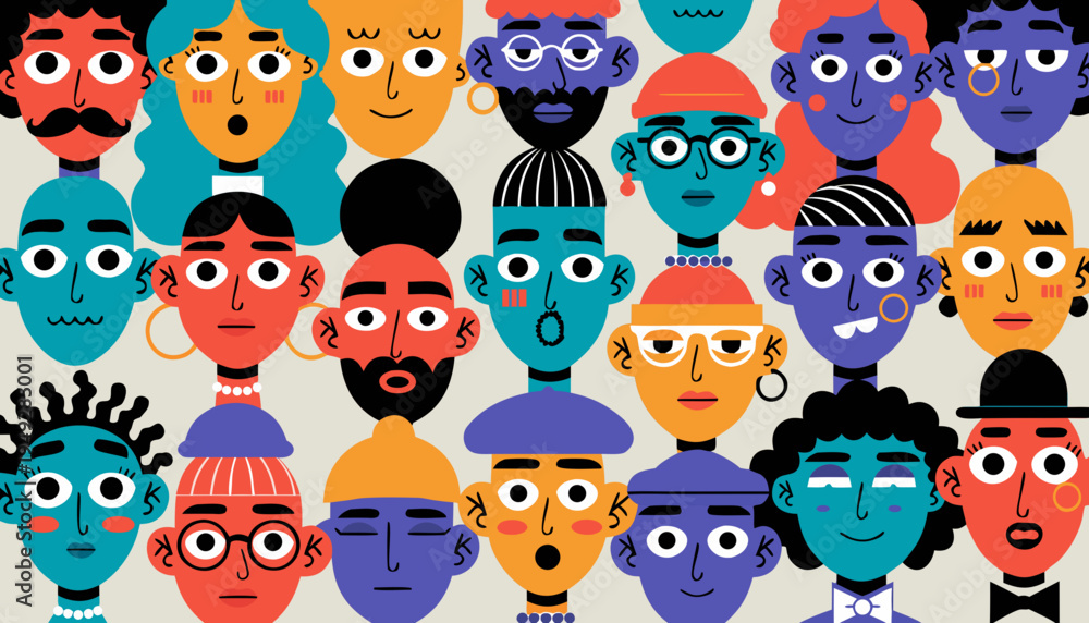 Fototapeta premium Vector cartoon illustration of a group of people's faces with various hairstyles, expressions, and designs .vector icon