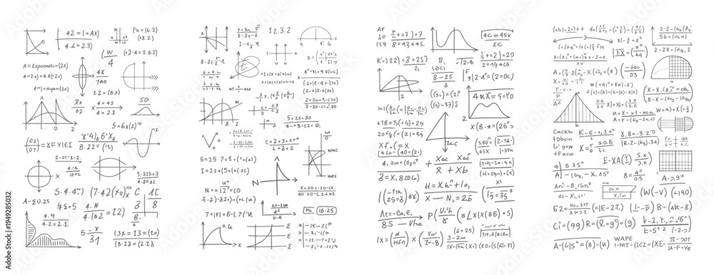 Obraz premium Hand drawn mathematical formulas and graphs on white background with various equations and diagrams mathematics