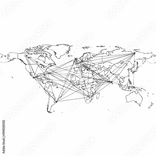 A simplified black and white world map displays connected nodes illustrating global distribution network links.