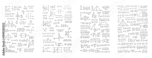 Hand drawn mathematical formulas and graphs on white background with various equations and diagrams mathematics