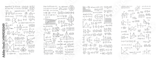 Hand drawn mathematical equations graphs and diagrams on white background mathematics formula