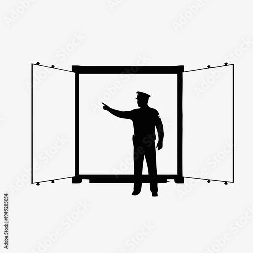 Police officer silhouette stands centered within an open portable barricade directing traffic or indicating a boundary.